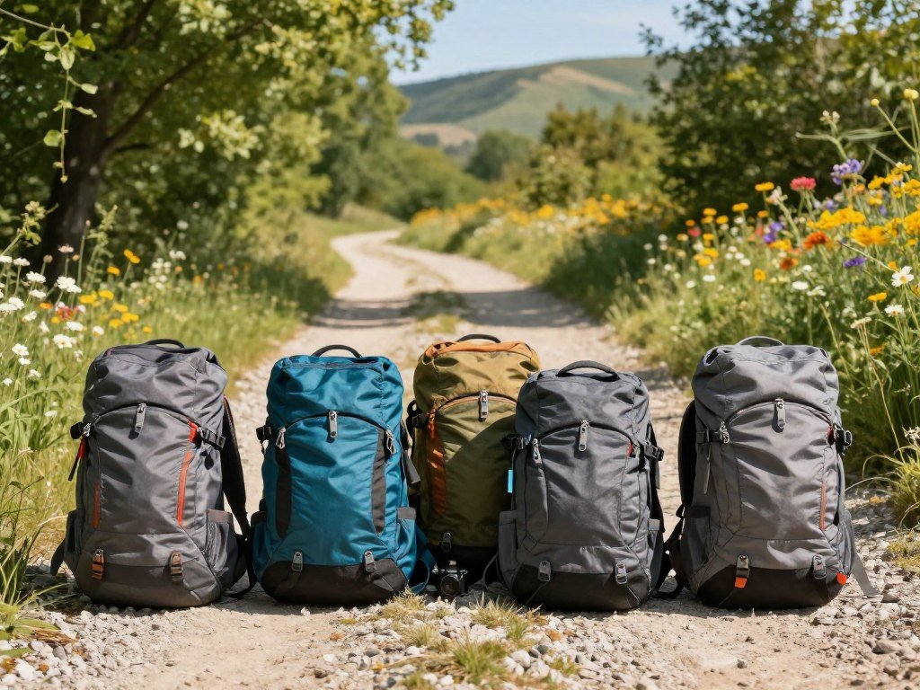 Compact camera backpacks lined up for a day hike Compact camera backpacks lined up for a day hike