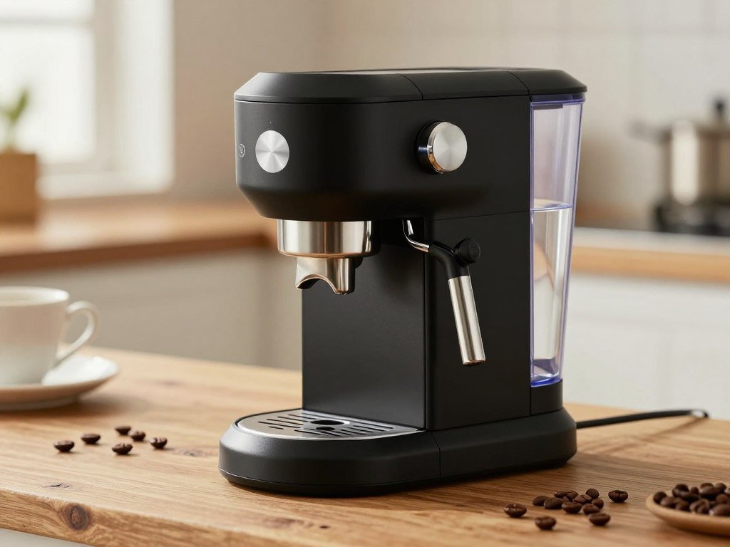 Compact espresso maker beside a removable water tank Compact espresso maker beside a removable water tank