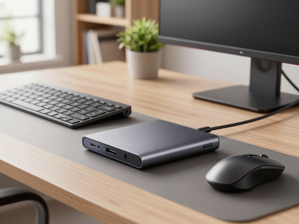 Compact hub connecting a mouse keyboard and monitor at a desk