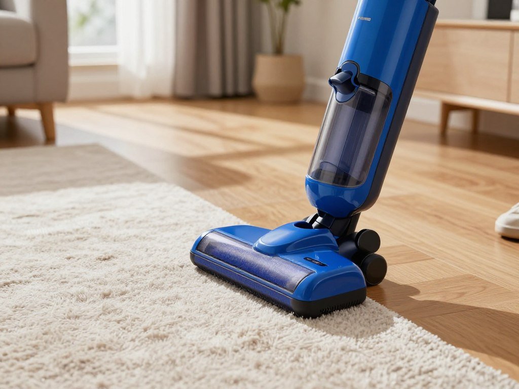 Compact upright vacuum moving from carpet onto hardwood floors Compact upright vacuum moving from carpet onto hardwood floors