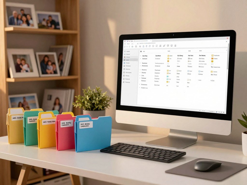 Computer folders grouped by year, month, and family event