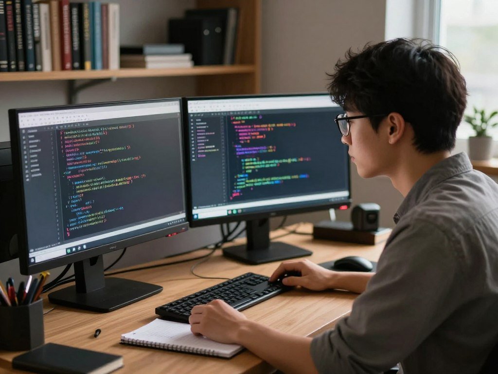 Computer science student comparing code and webpage markup Computer science student comparing code and webpage markup