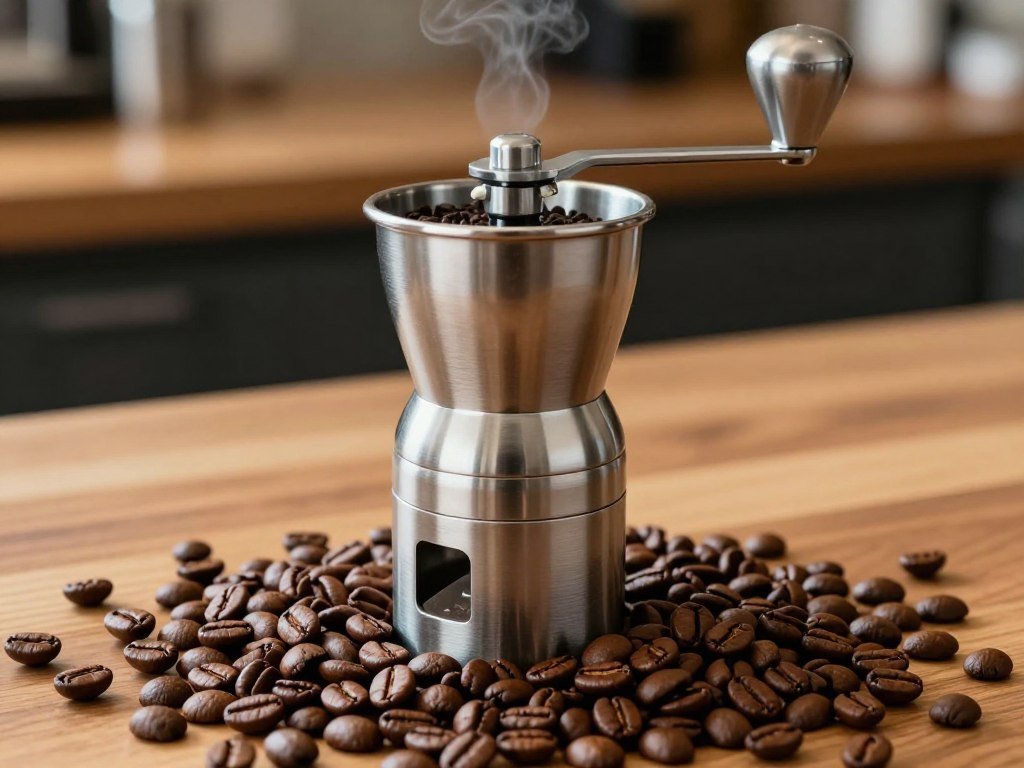 Conical burr grinder beside espresso coffee beans Conical burr grinder beside espresso coffee beans
