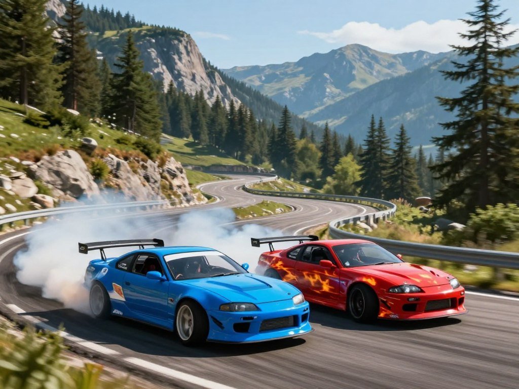 Console racing game showing drift cars on winding mountain roads