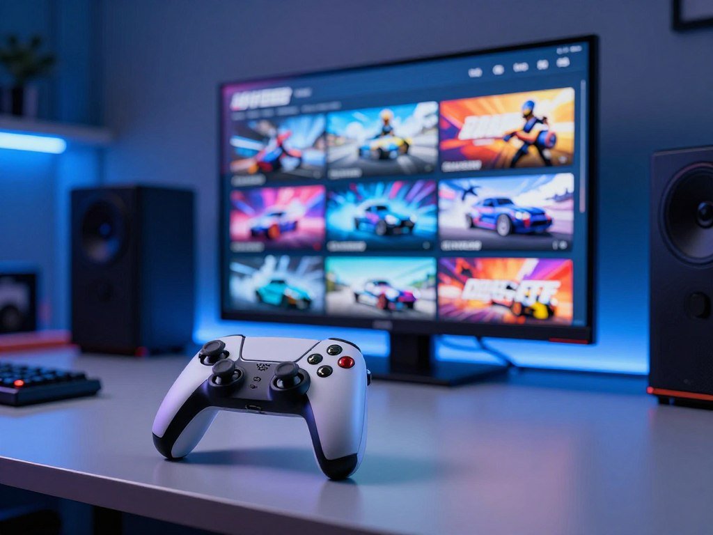 Controller beside a screen showing several drift game choices