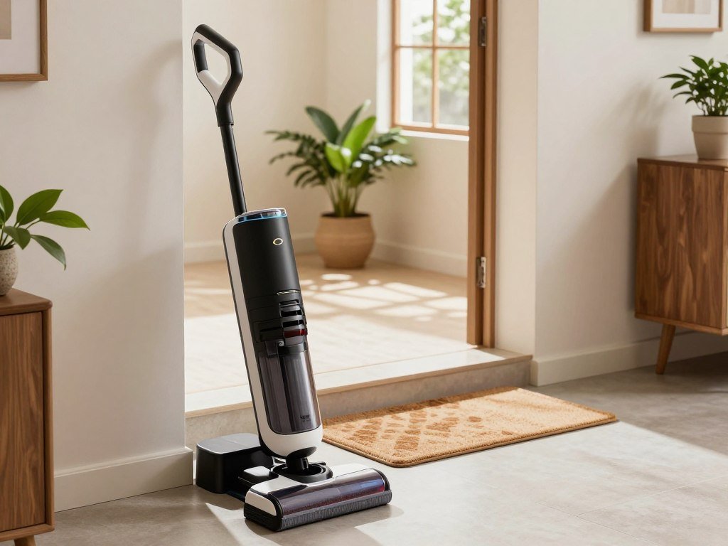 Cordless floor cleaner charging near a small home entryway Cordless floor cleaner charging near a small home entryway