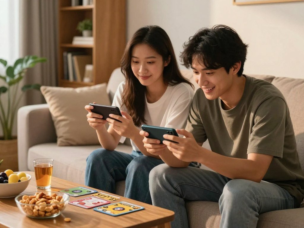 Couple choosing quick question games on separate phones Couple choosing quick question games on separate phones