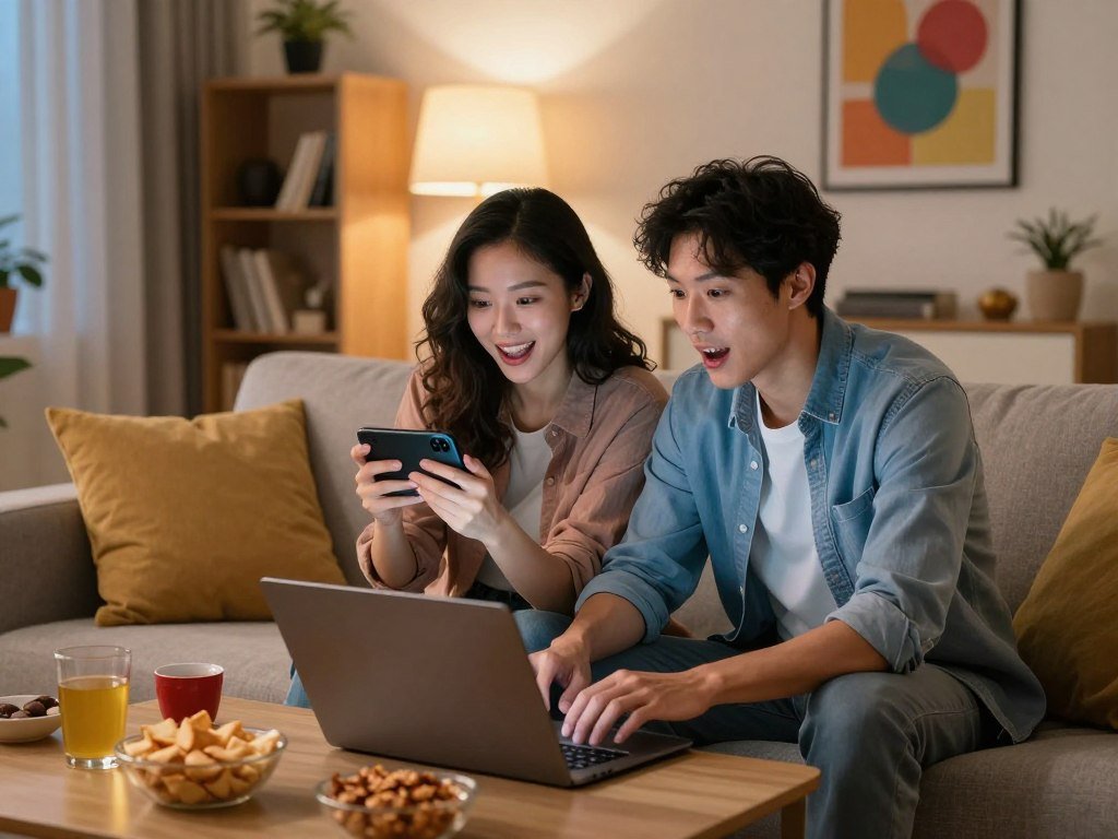 Couple comparing browser and phone game formats Couple comparing browser and phone game formats