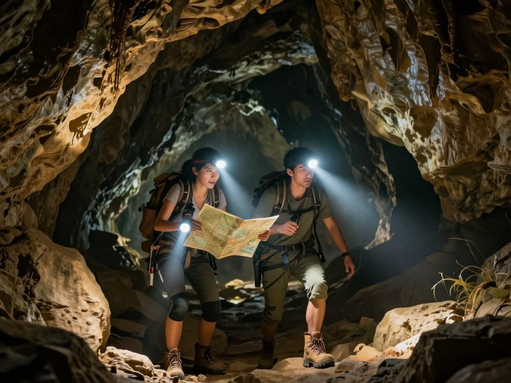 Couple navigating a cave in an action co-op game