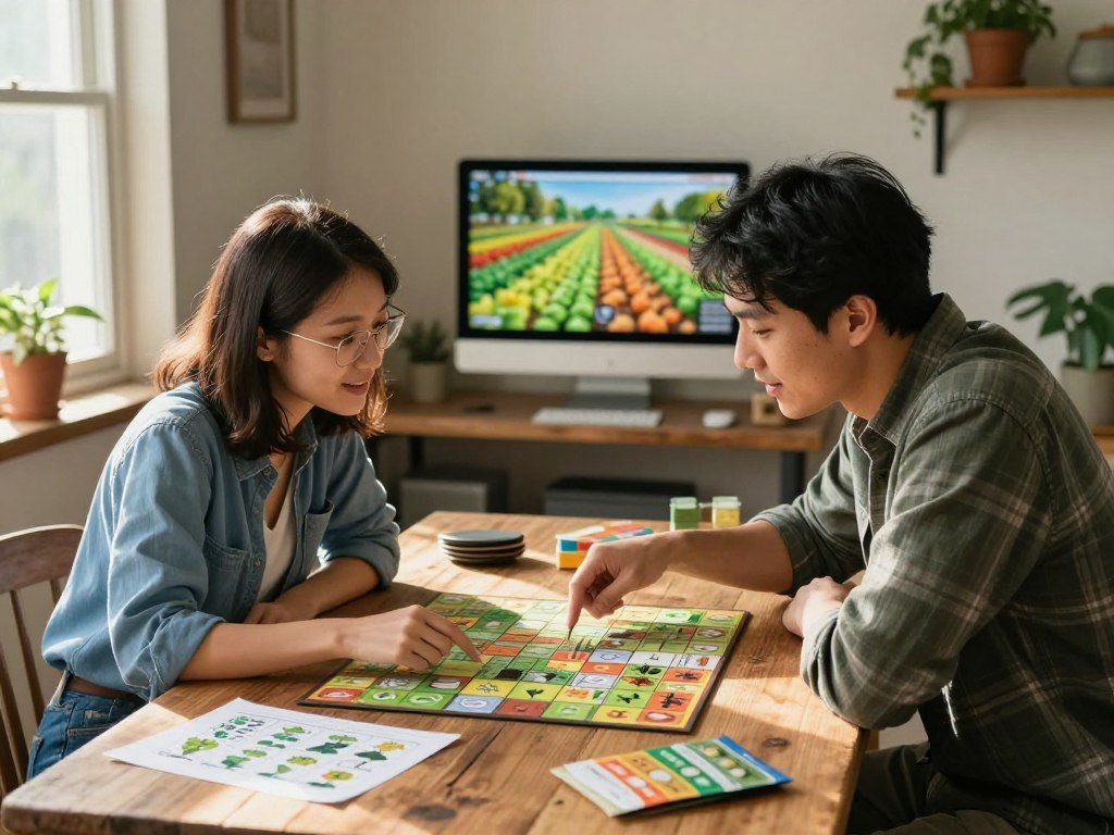Couple planning a shared farm in a co-op game