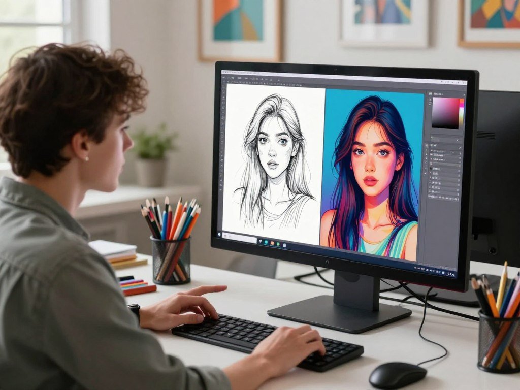 Creative user compares sketch-to-image results on screen Creative user compares sketch-to-image results on screen