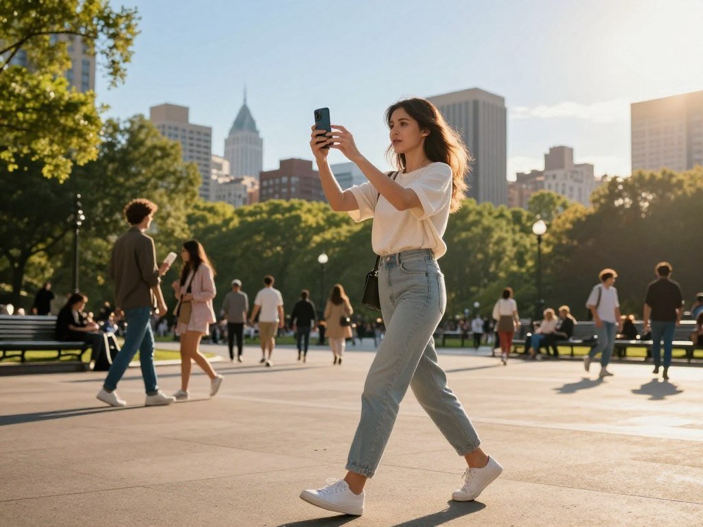 Creator records a walking video with a phone camera Creator records a walking video with a phone camera