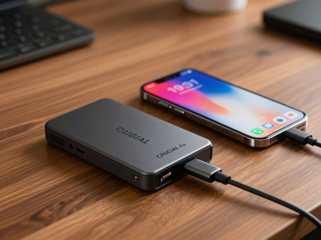 Crucial X9 Pro beside a phone for photo backups Crucial X9 Pro beside a phone for photo backups