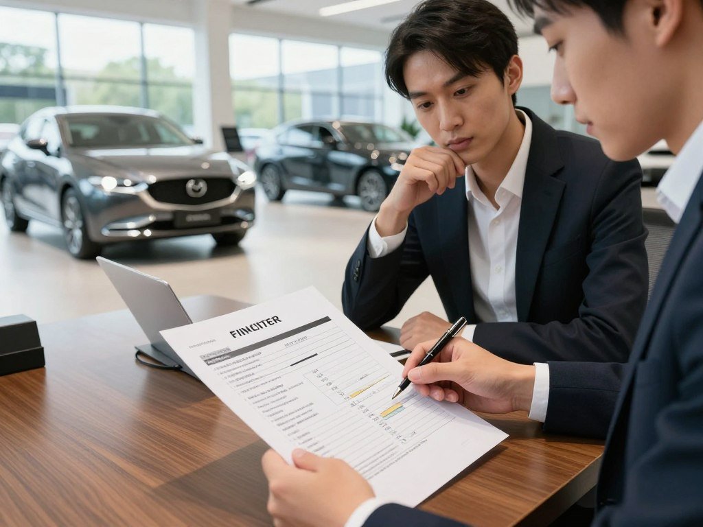 Customer reviews a written Mazda dealership quote and finance terms