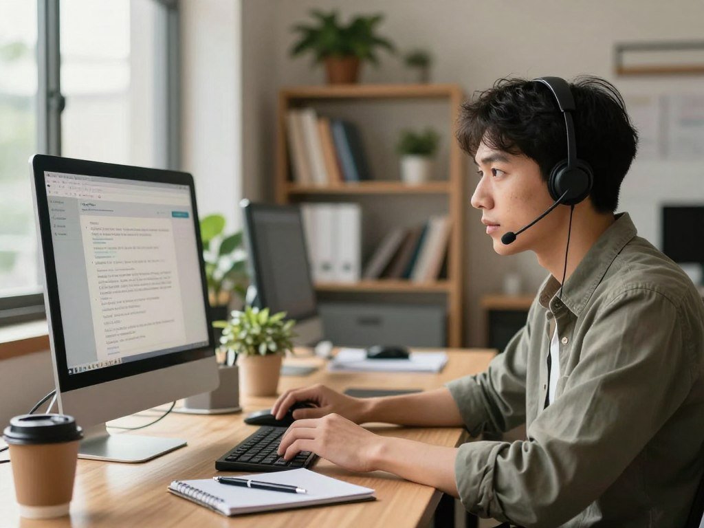 Customer service worker reviewing an AI-generated account response