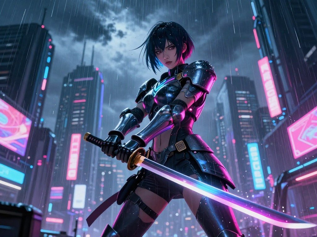 Cyberpunk swordswoman under neon rain with dramatic anime lighting