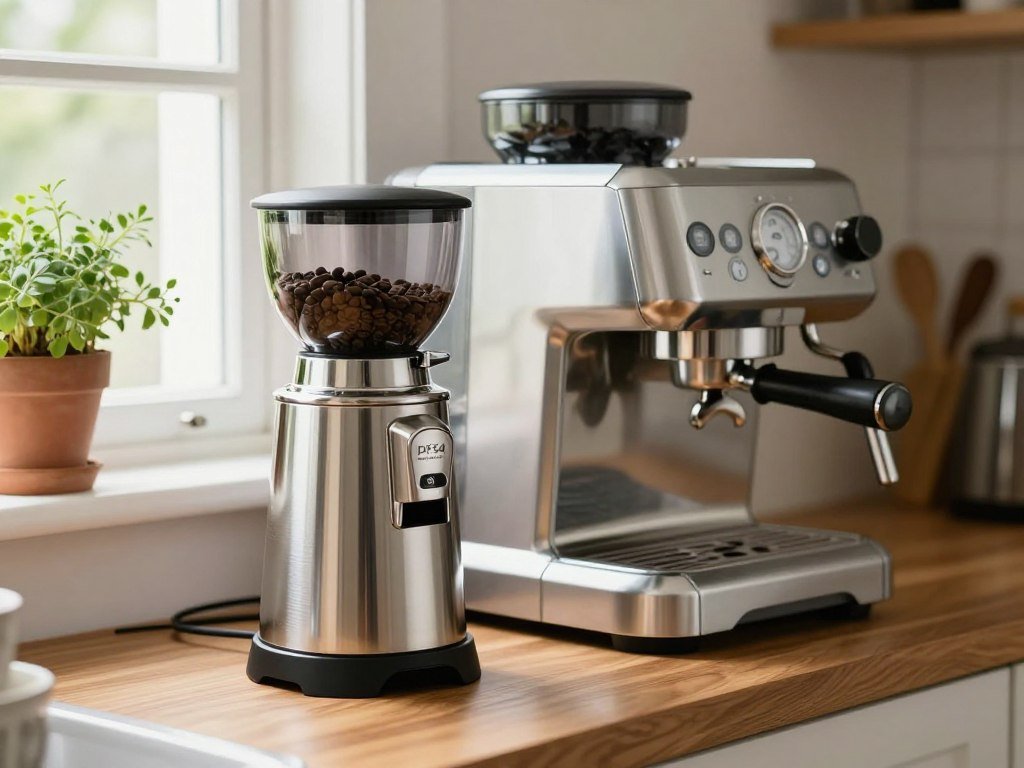 DF54 grinder beside a home espresso machine DF54 grinder beside a home espresso machine