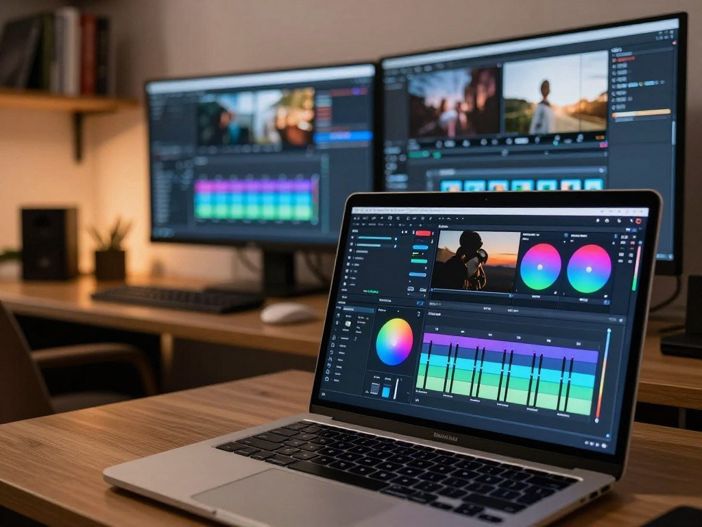 DaVinci Resolve editing interface with color grading controls DaVinci Resolve editing interface with color grading controls