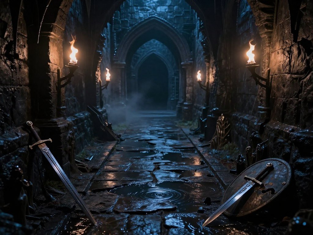 Dark Cloud dungeon path with weapons and water in view Dark Cloud dungeon path with weapons and water in view