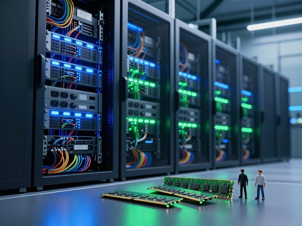 Data center servers beside memory modules and chip supply figures Data center servers beside memory modules and chip supply figures