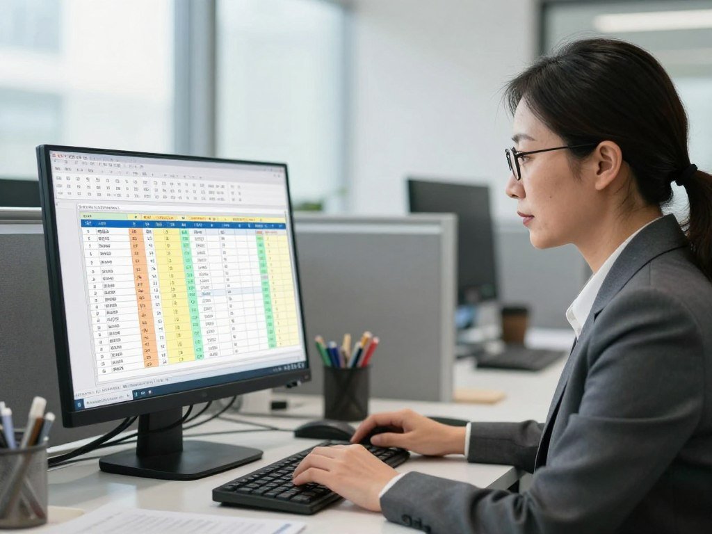 Data entry clerk checking structured records on a screen