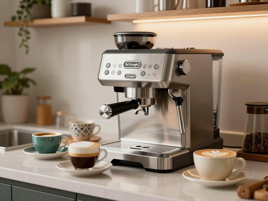 De’Longhi Rivelia beside coffee cups for a home routine De’Longhi Rivelia beside coffee cups for a home routine