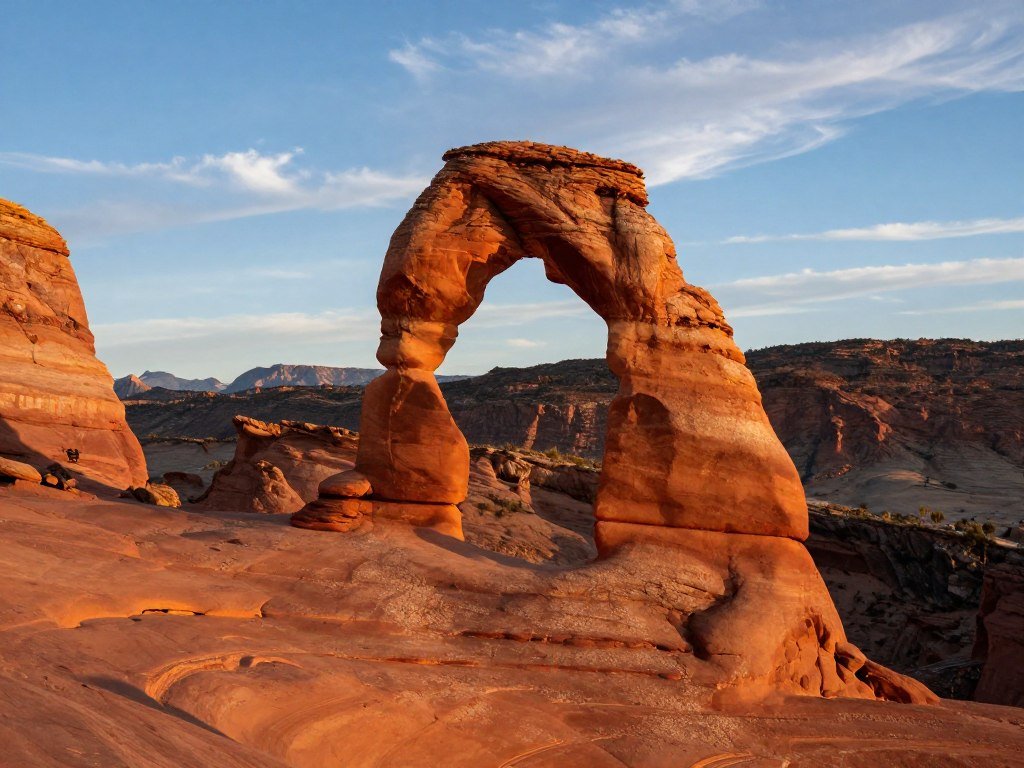 Delicate Arch stands above red sandstone in Arches National Park