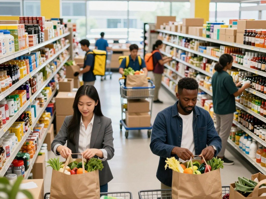 Delivery shoppers preparing grocery orders for two companies