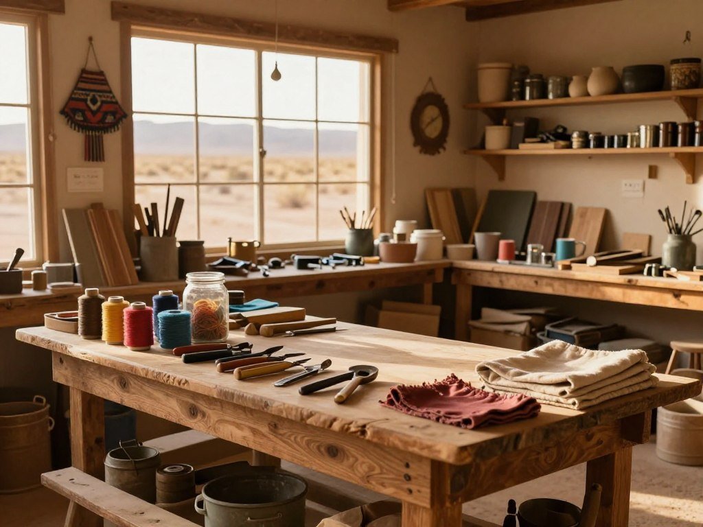 Desert town workshop with tools and gathered materials