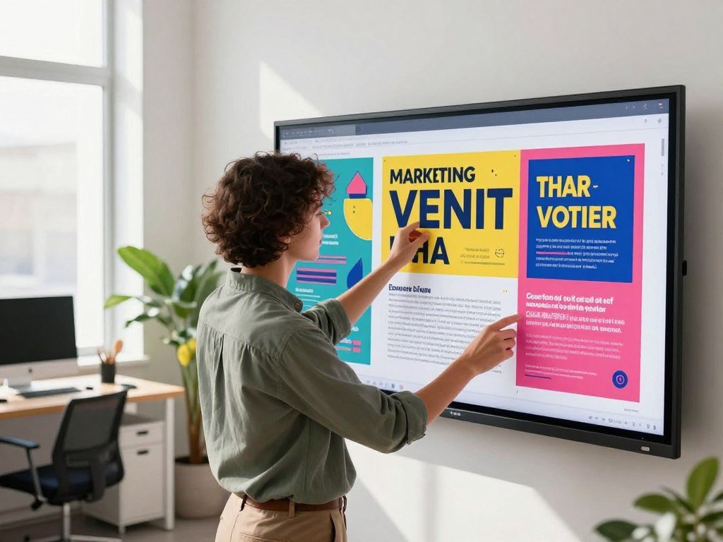 Designer correcting poster text and removing a distracting image detail