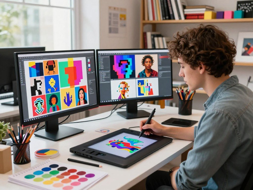 Designer shaping vector artwork and editing pixel images