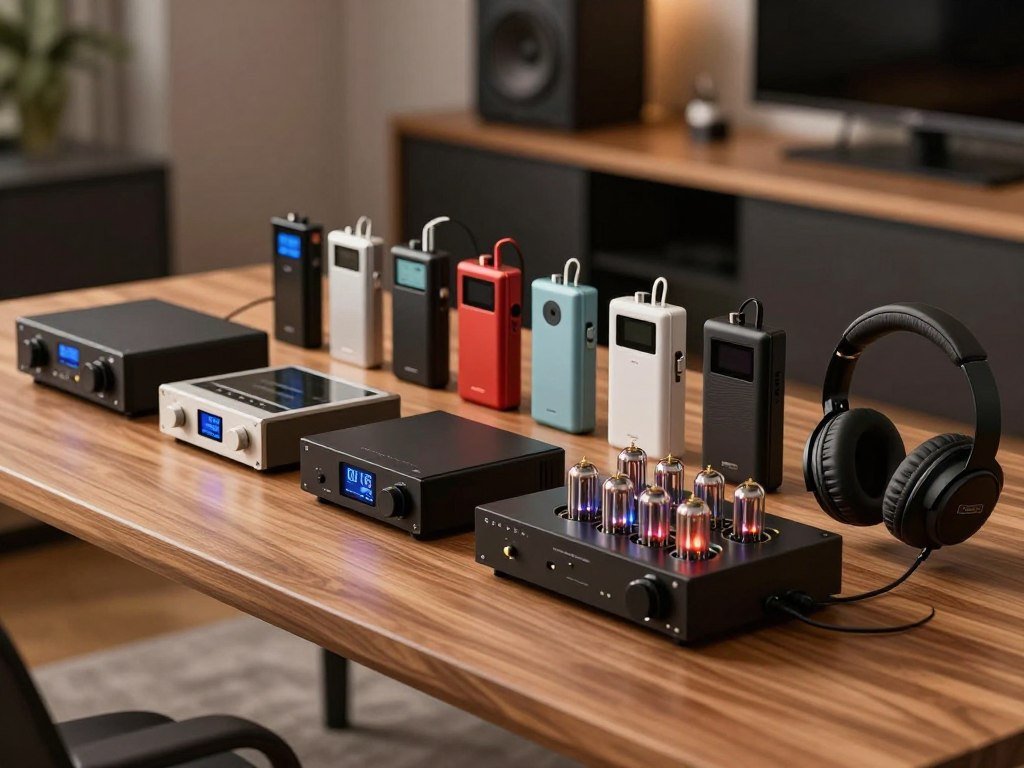 Desktop and portable amps lined up for different headphone setups