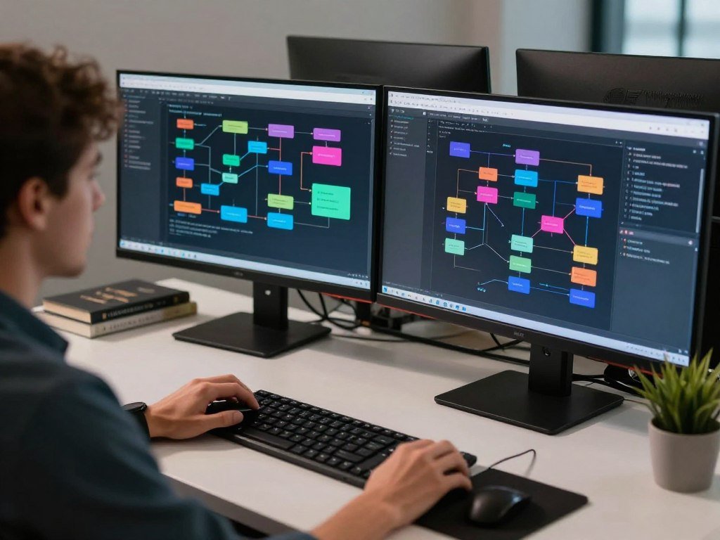 Developer building gameplay logic with Unreal Blueprints nodes Developer building gameplay logic with Unreal Blueprints nodes