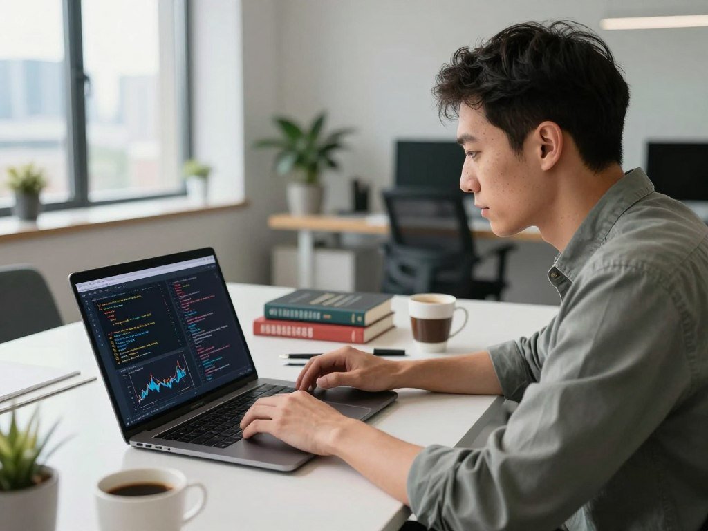 Developer compares code tools and benchmark scores on a laptop Developer compares code tools and benchmark scores on a laptop