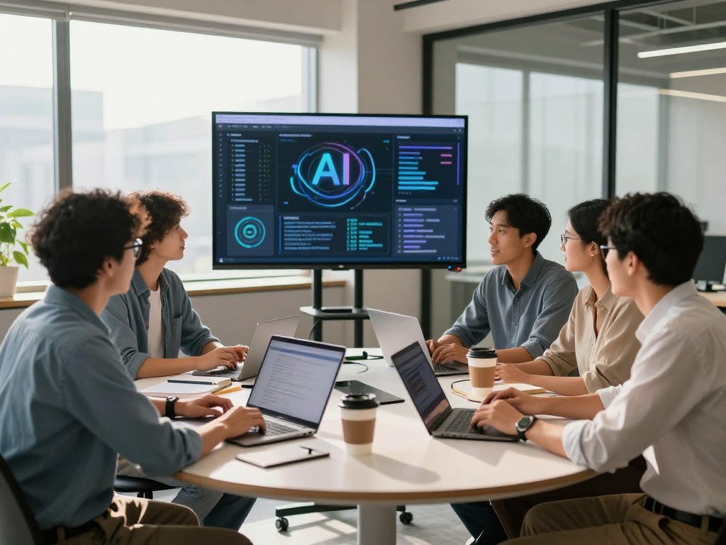 Developers discuss AI use during a software team meeting Developers discuss AI use during a software team meeting