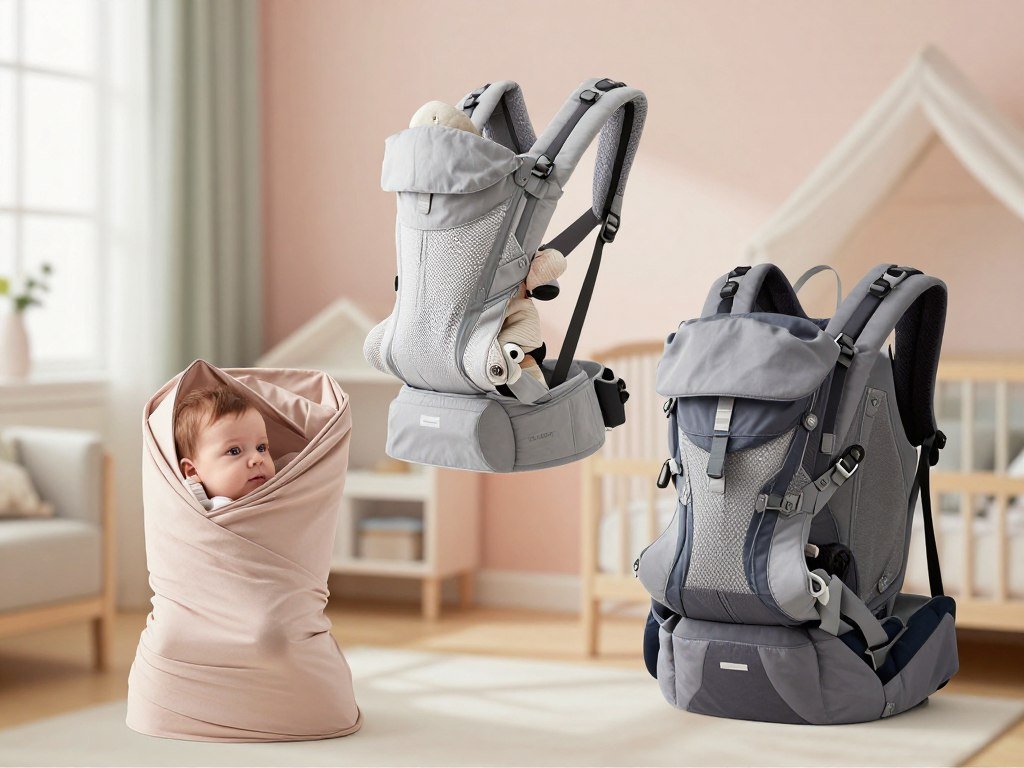 Different carrier types laid out for daily babywearing