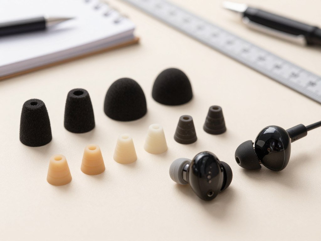 Different ear tips beside an in-ear monitor for fit checks Different ear tips beside an in-ear monitor for fit checks