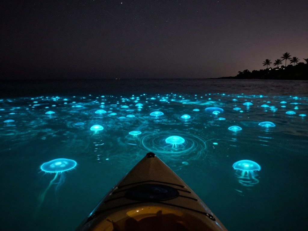 Dinoflagellates flash blue-green light beside a kayak Dinoflagellates flash blue-green light beside a kayak