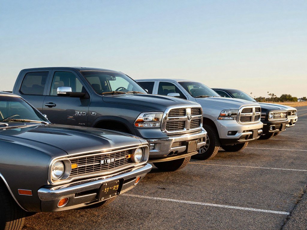 Dodge Ram trucks near a Dodge muscle car from the shared history