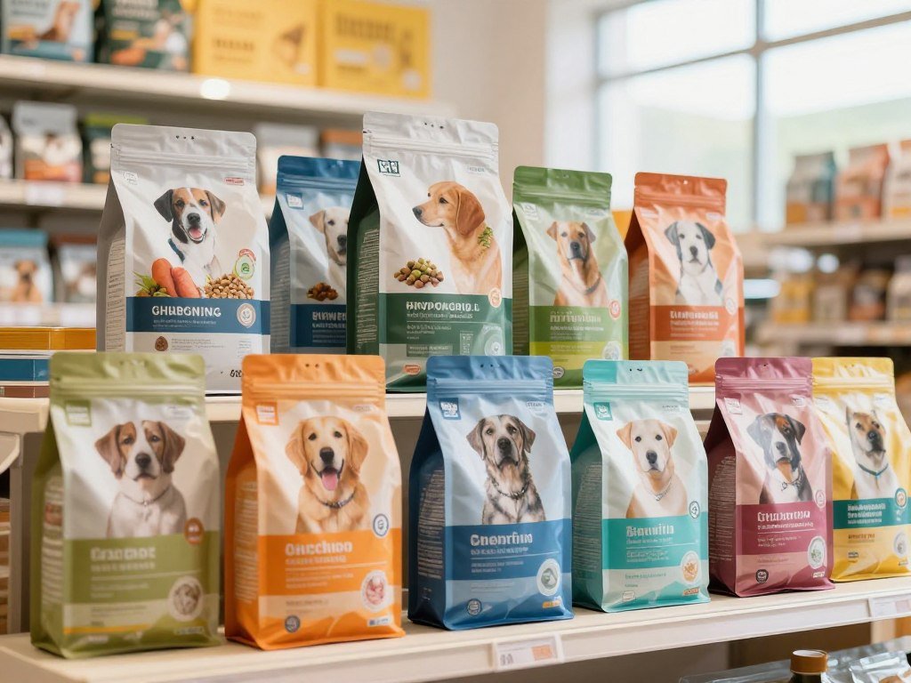 Dog food packages show everyday and veterinary diet types