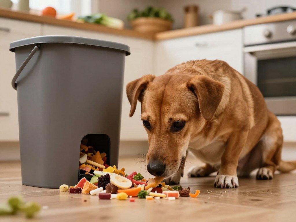 Dog sniffs scraps near a kitchen waste bin