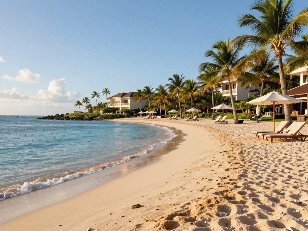 Dominican Republic beach near a resort with palm trees and blue water