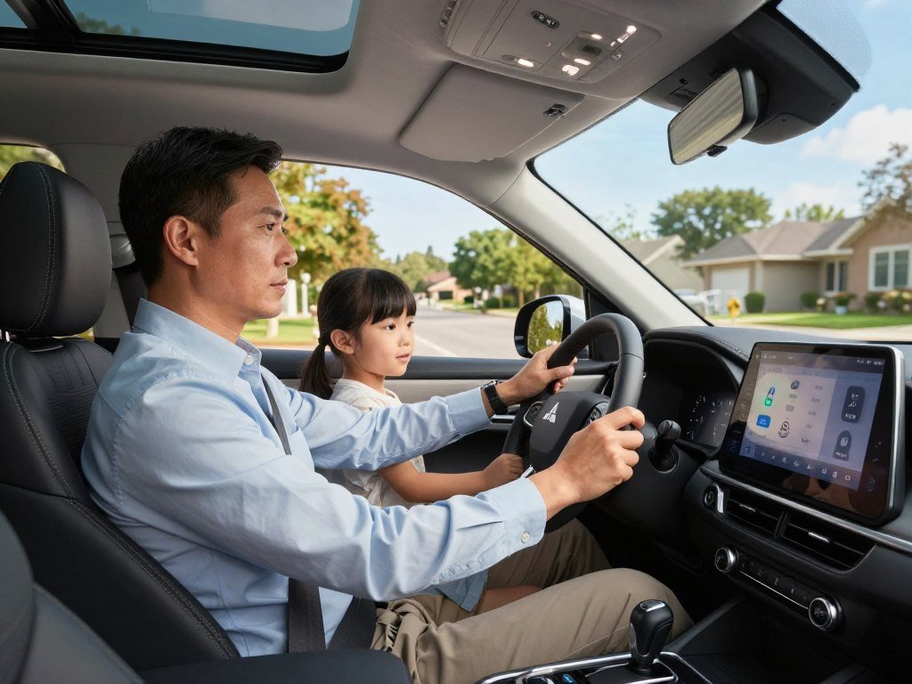 Driver checking electric range before a family commute Driver checking electric range before a family commute