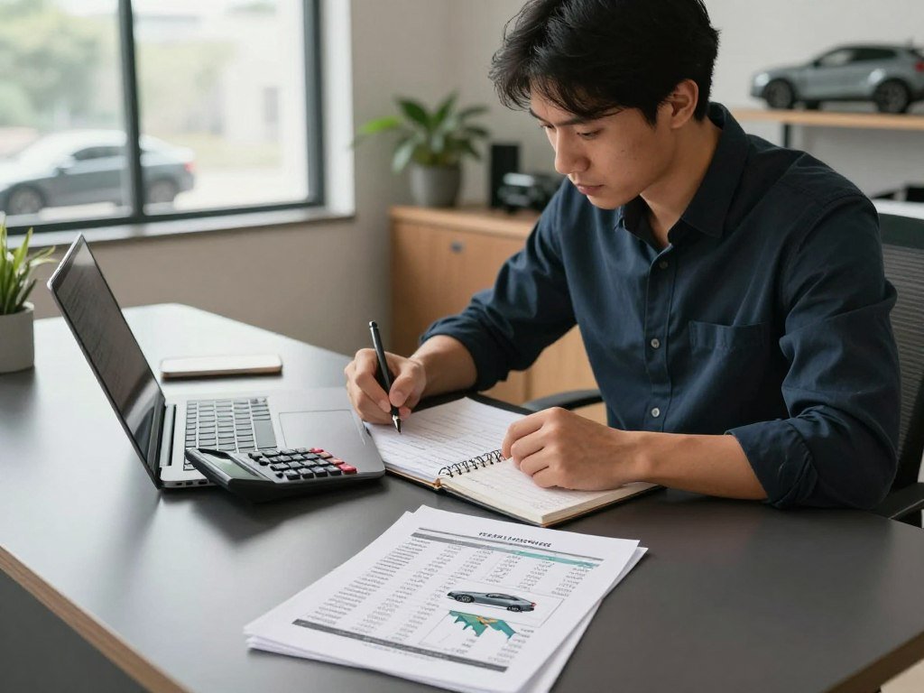 Driver reviews car budget estimate beside monthly expenses