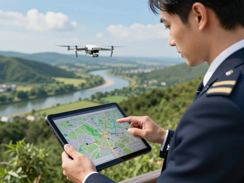Drone pilot reviewing airspace map before selecting a location Drone pilot reviewing airspace map before selecting a location