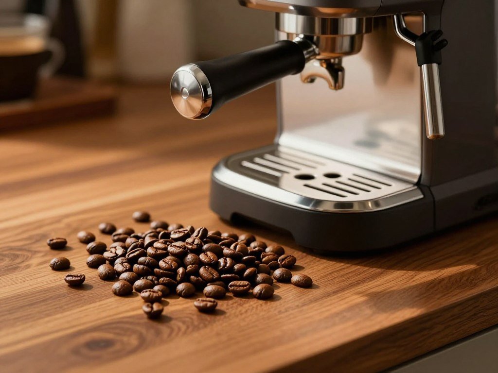 Dry-surfaced medium roast beans beside an automatic espresso machine Dry-surfaced medium roast beans beside an automatic espresso machine