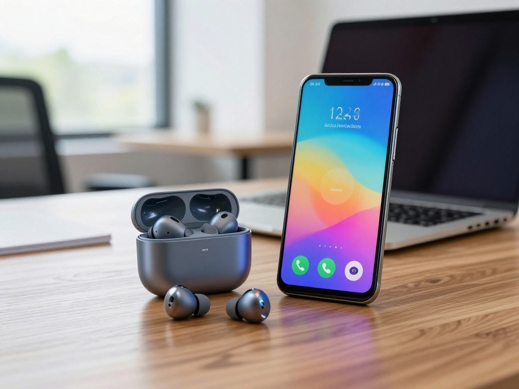 Earbuds used for a clear office call beside an Android phone