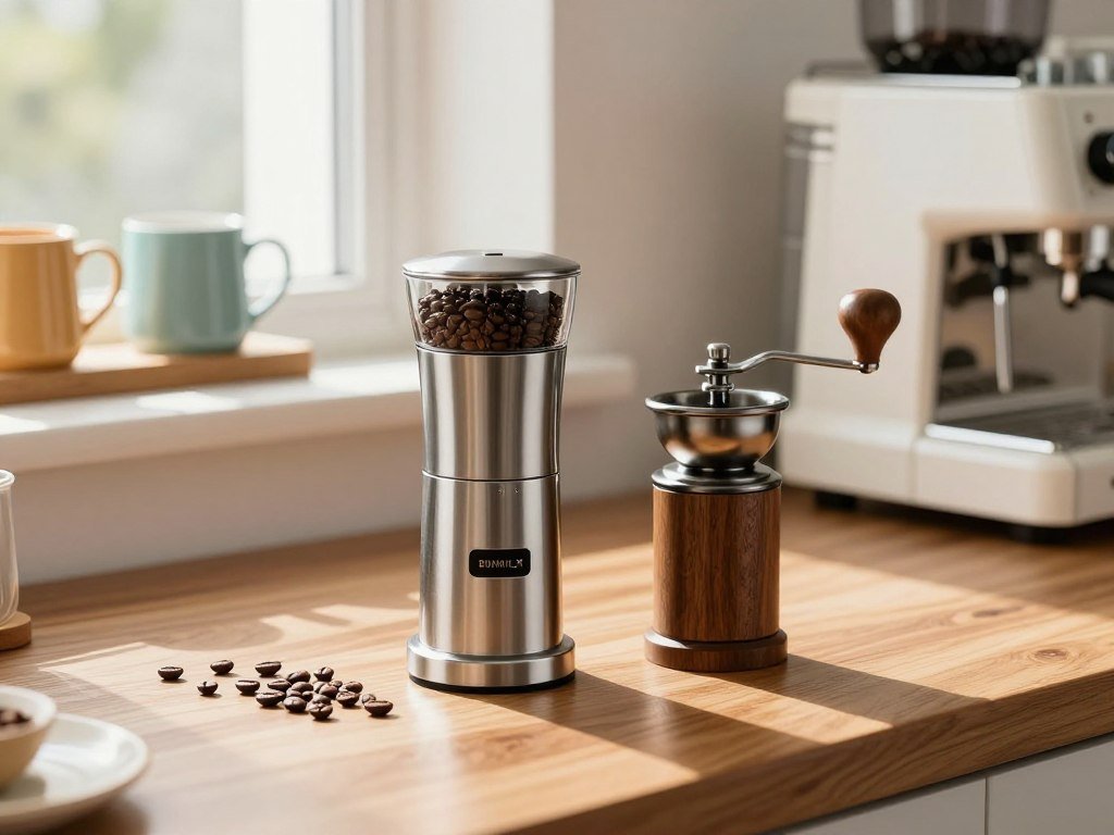 Electric and manual espresso grinder choices on a kitchen counter Electric and manual espresso grinder choices on a kitchen counter