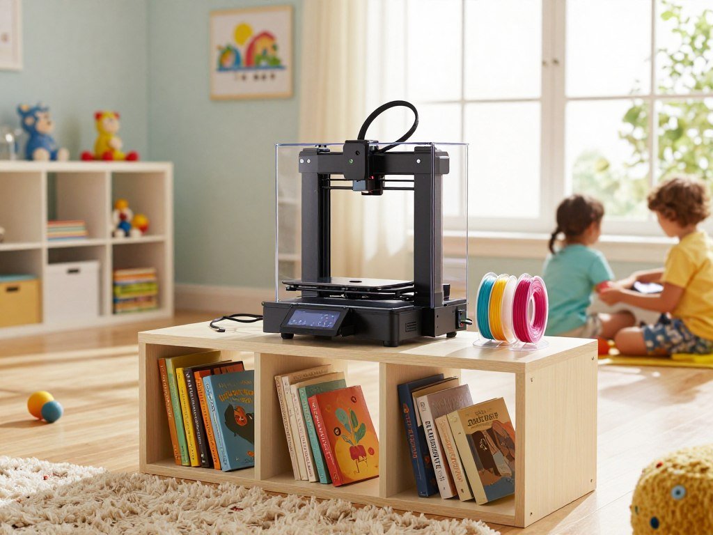 Enclosed printer placed beyond a child's reach in a family room Enclosed printer placed beyond a child's reach in a family room