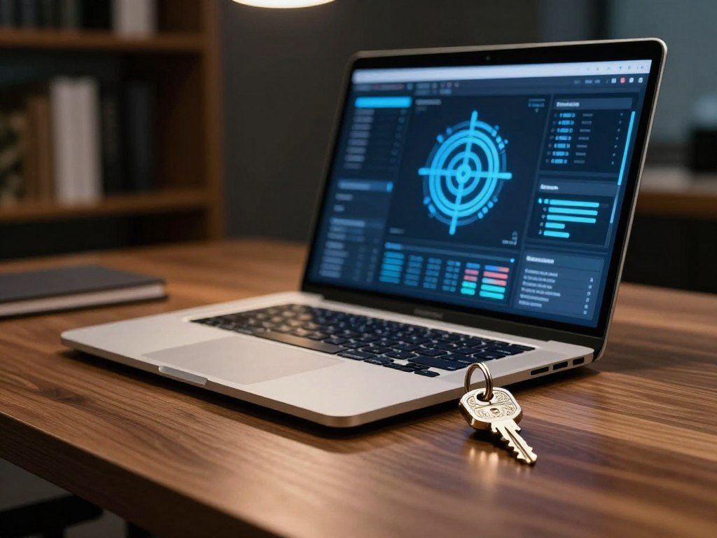 Encrypted vault data shown beside a laptop and security key Encrypted vault data shown beside a laptop and security key